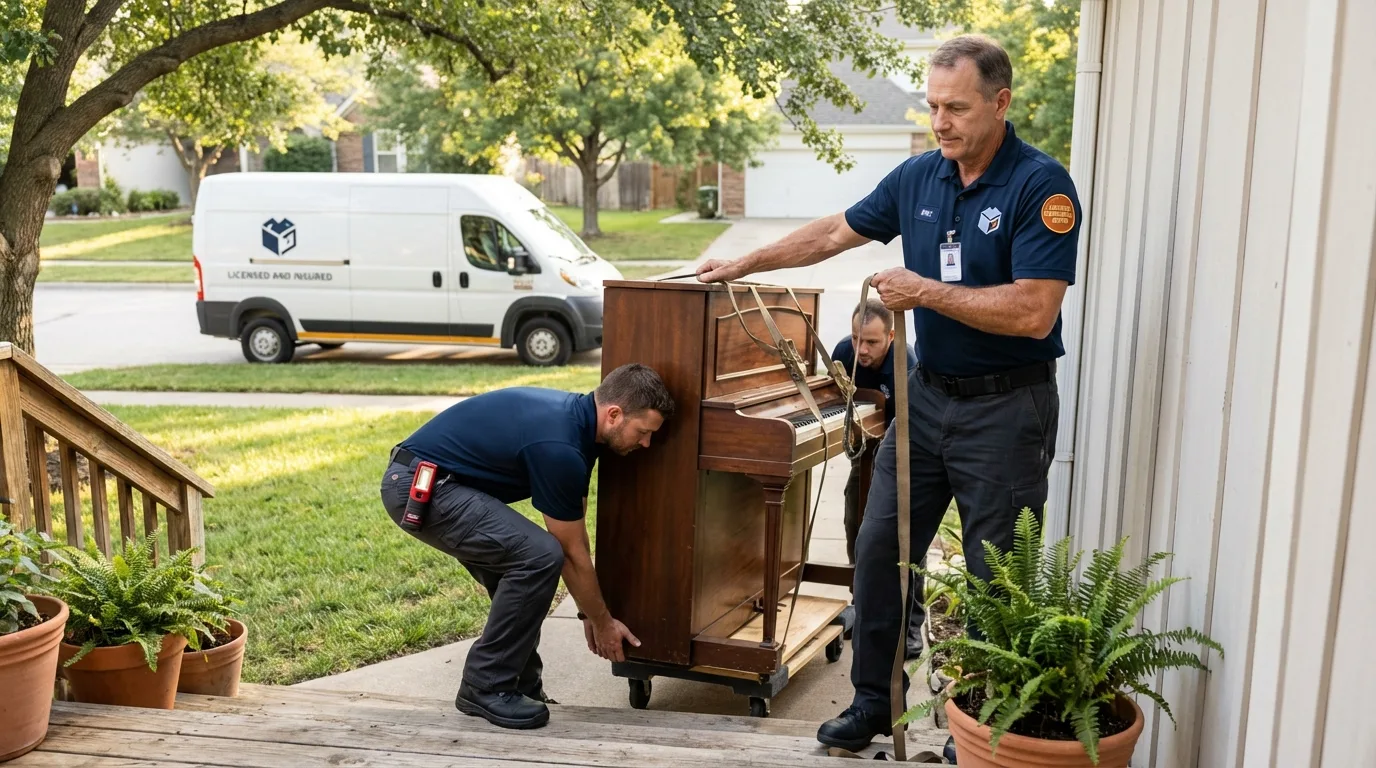 Licensed piano movers securing grand piano in Pacific City, OR