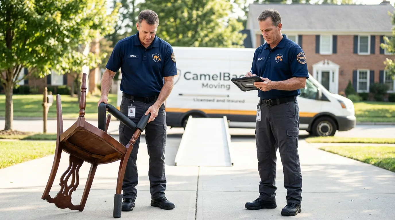 Movers inspecting furniture for damage prevention before loading in Pacific City, OR