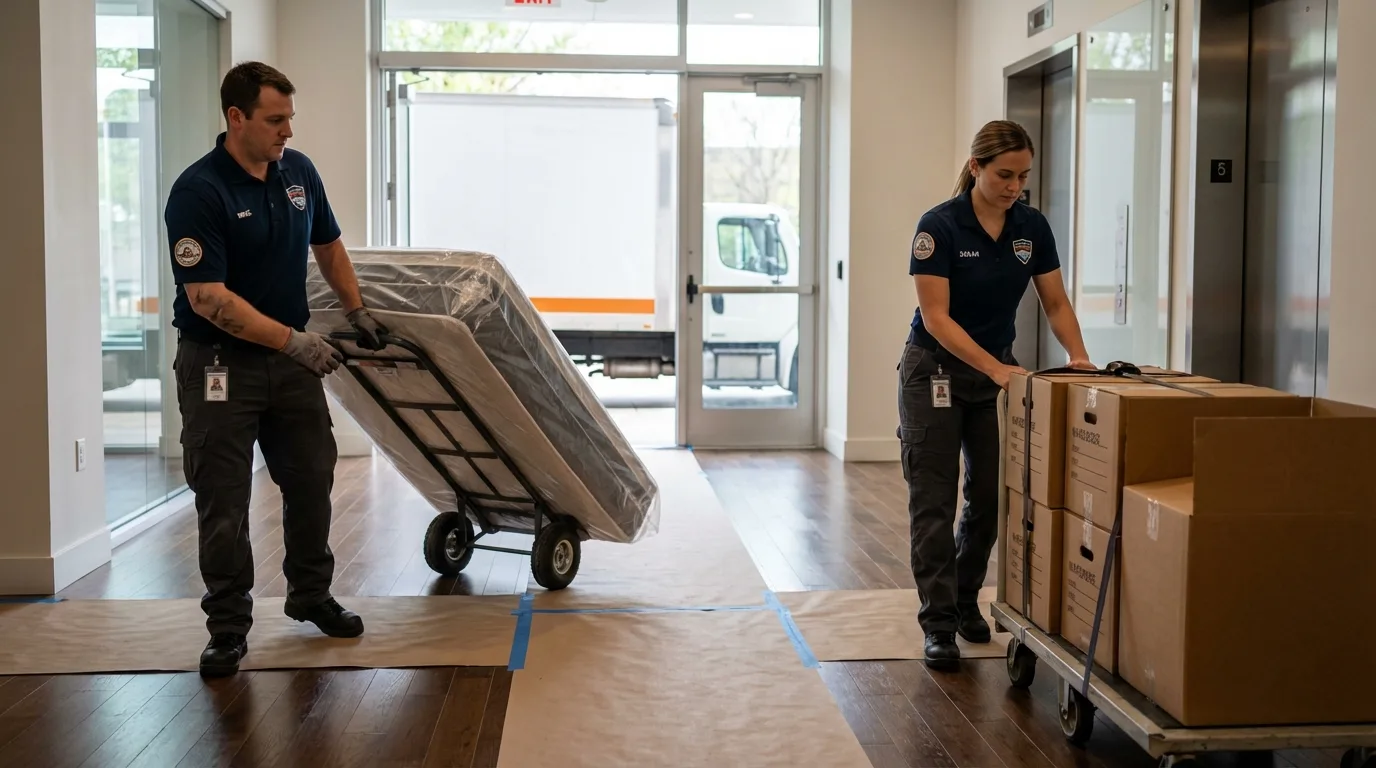 Professional apartment movers loading elevator in Pacific City, OR